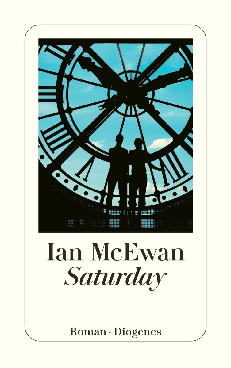 "Saturday" Ian Mc Ewan (Rezension) a silhouette of two men standing in front of a large clock